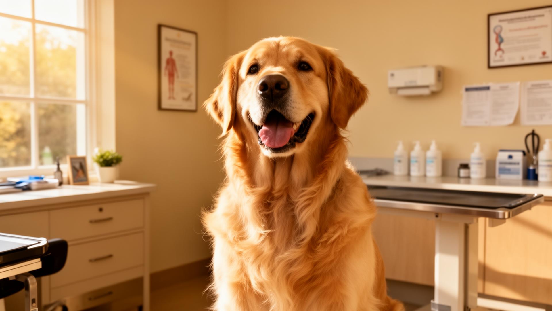 Golden retriever in a warm, sunlit veterinary consultation room